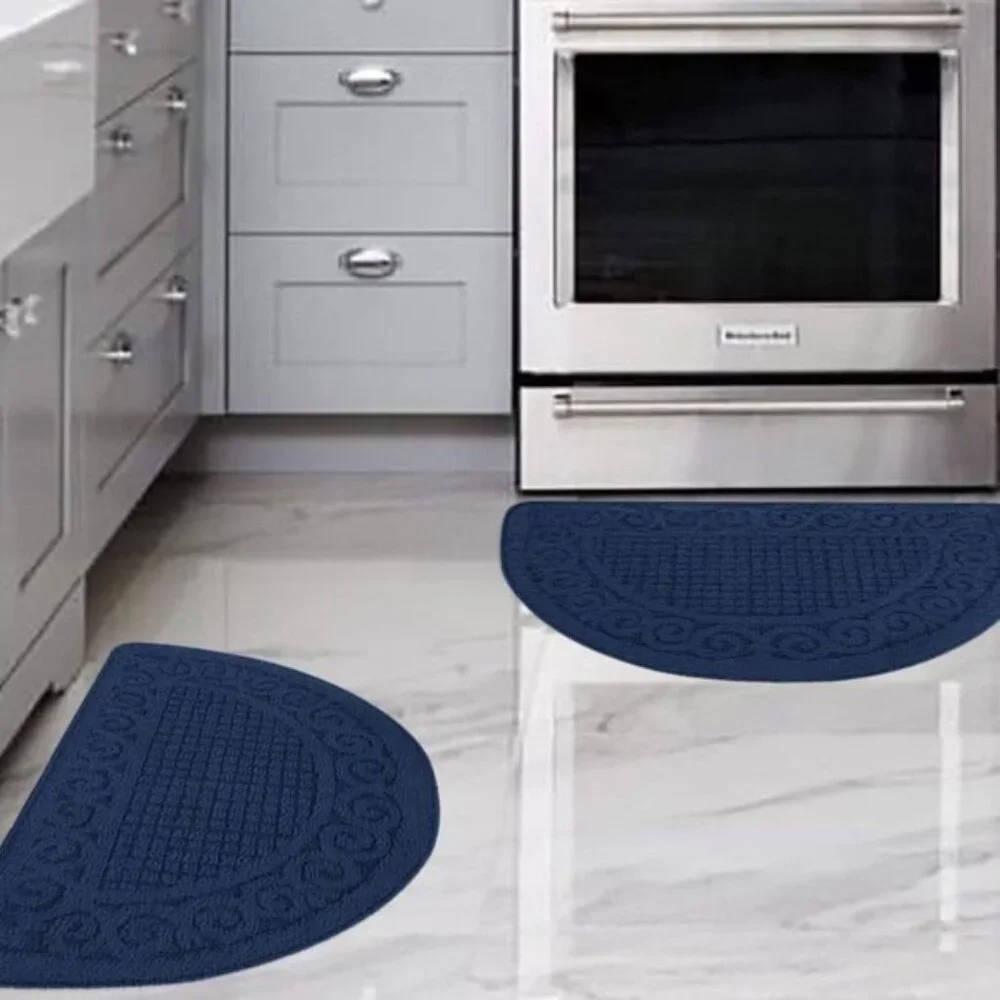 New Set of 2 Navy Kitchen Mat, Non-Skid, Washable, Absorbent Half Circle Rugs